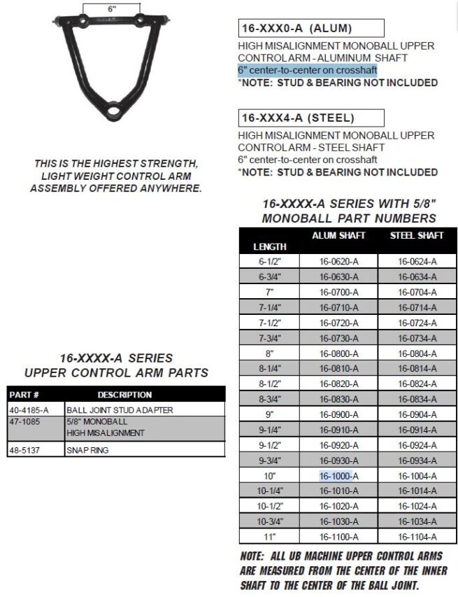 UB Machine 16-Series High Misalignment Monoball Upper Control Arm - 10" - Aluminum Shaft 16-1000 - Image 2