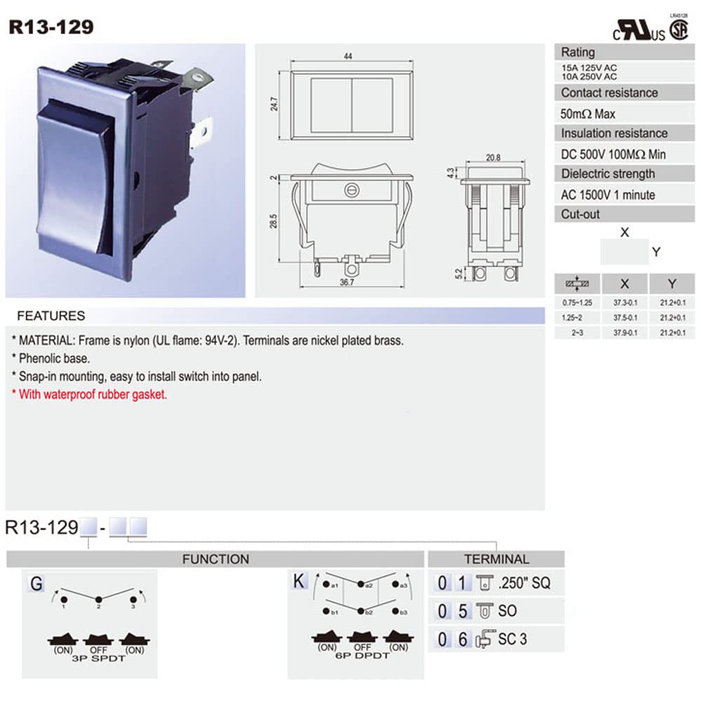 R13-129 4 Pins 125/250V 16A (ON)-Off-(ON) DPDT Momentary Rocker Pushbutton Awning Switch - Image 2